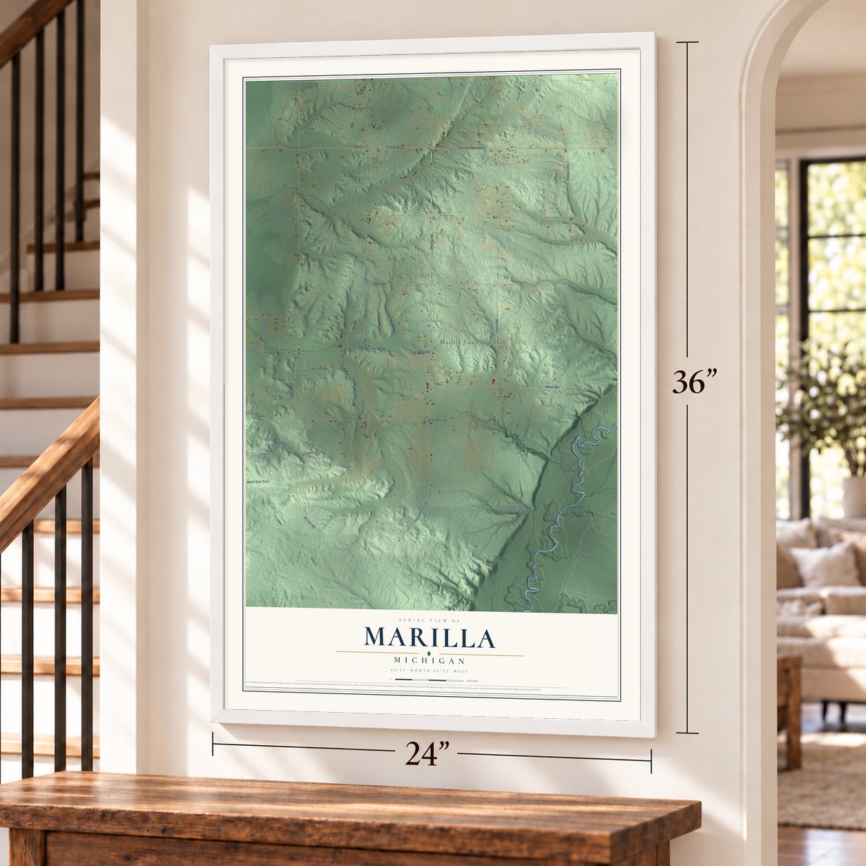 Marilla, Michigan map, 24 x 36 inch print in a white frame by a staircase