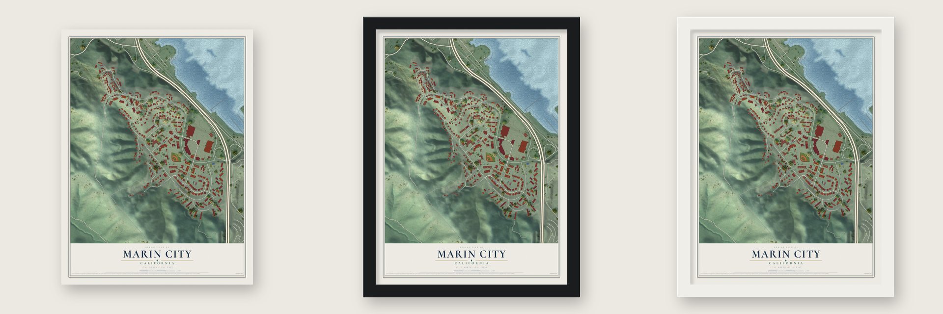 Marin City, California map unframed, in a black wood frame and in a white wood frame