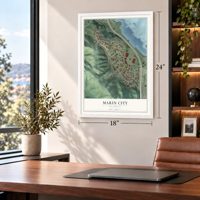 Marin City, California map, 18 x 24 inch print in a white frame in a home office