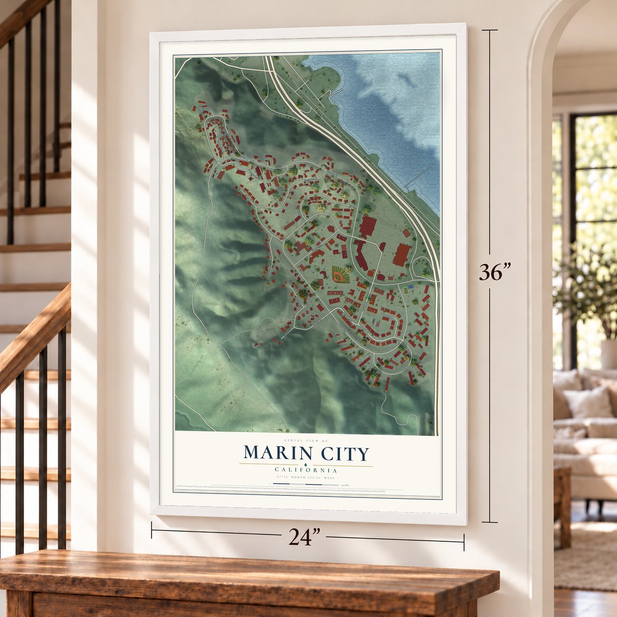 Marin City, California map, 24 x 36 inch print in a white frame by a staircase