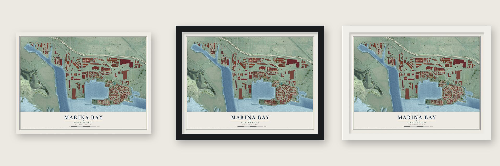 Marina Bay, California map unframed, in a black wood frame and in a white wood frame