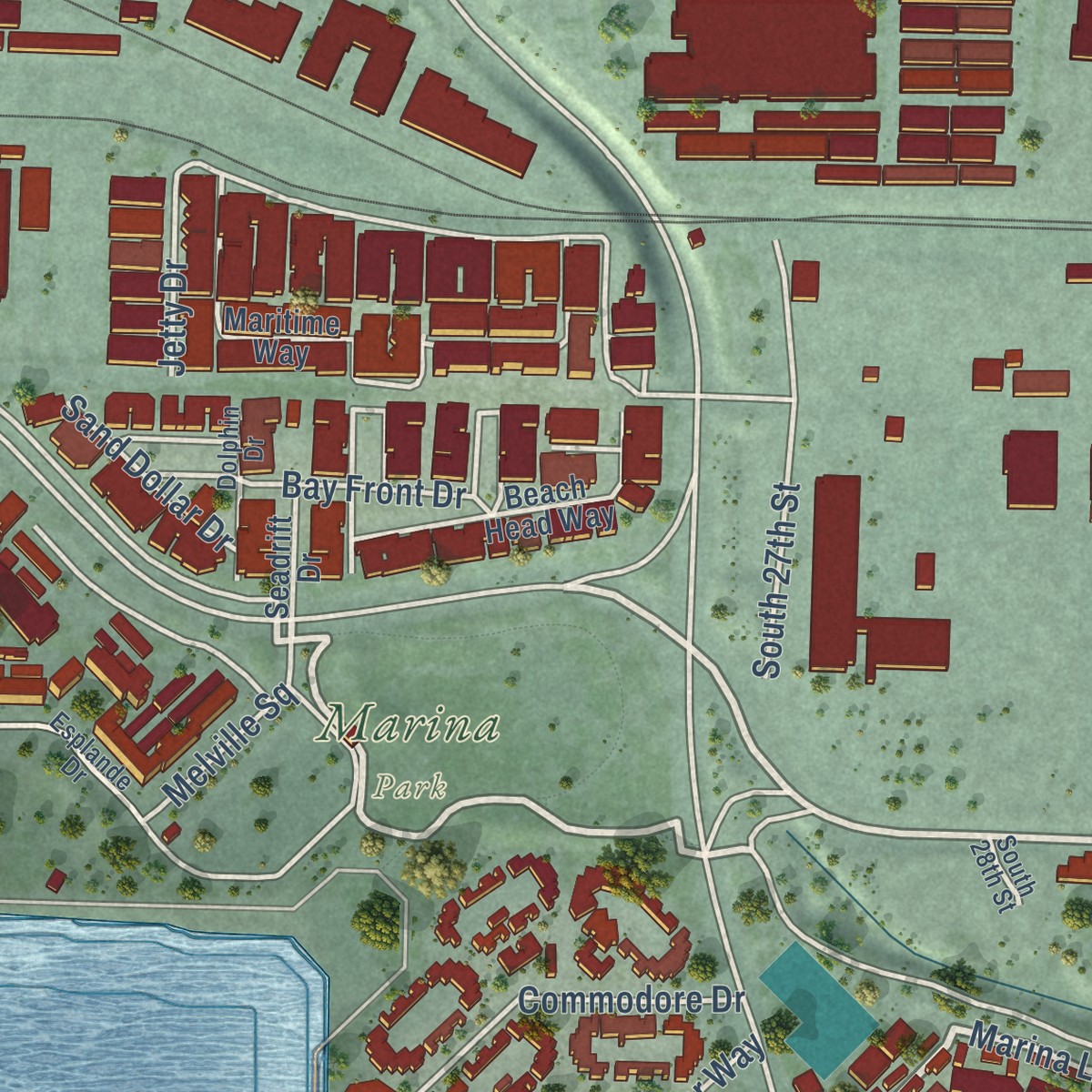 Second close-up of the map of Marina Bay, California print showing more streets and buildings
