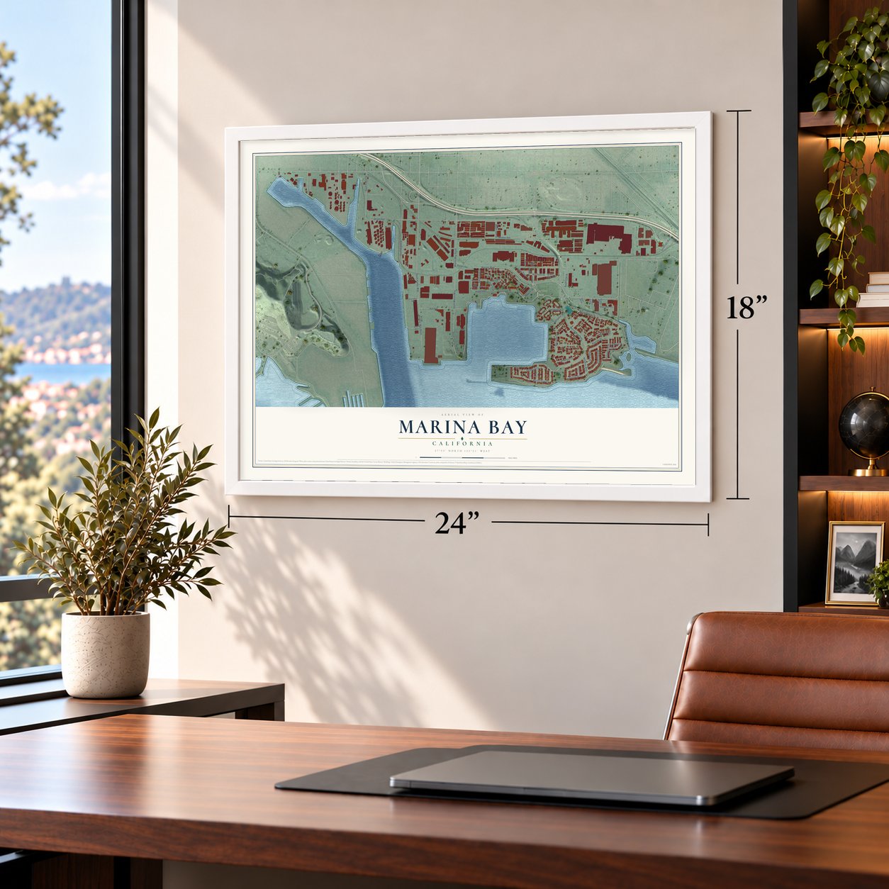 Marina Bay, California map, 18 x 24 inch print in a white frame in a home office