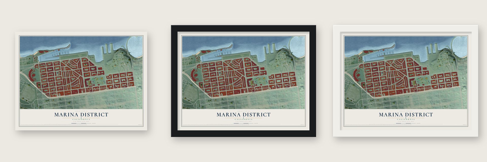 Marina District, California map unframed, in a black wood frame and in a white wood frame