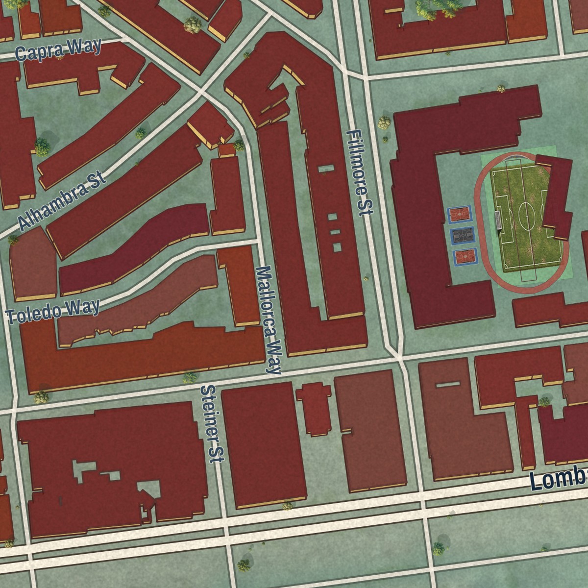 Second close-up of the map of Marina District, California print showing more streets and buildings