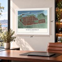 Marina District, California map, 18 x 24 inch print in a white frame in a home office