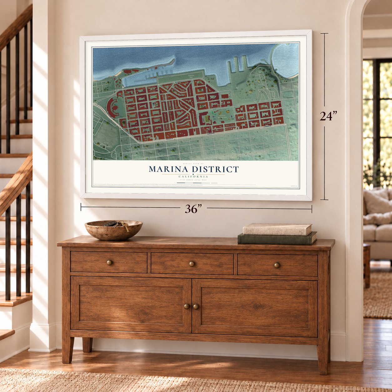 Marina District, California map, 24 x 36 inch print in a white frame above a dresser by a staircase