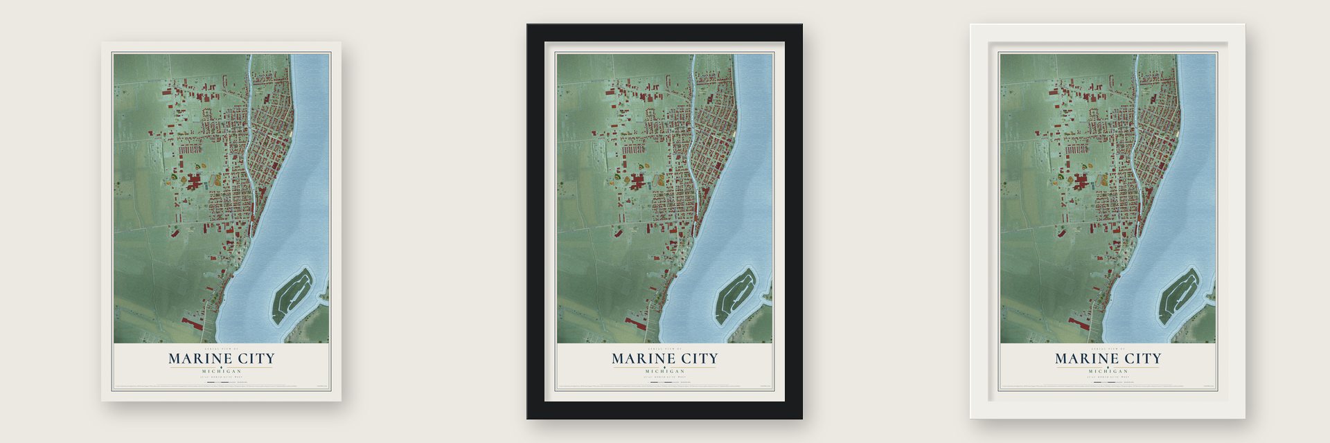 Marine City, Michigan map unframed, in a black wood frame and in a white wood frame