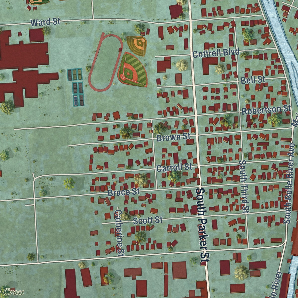 Second close-up of the map of Marine City, Michigan print showing more streets and buildings