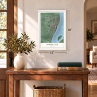 Marine City, Michigan map, 12 x 18 inch print in a white frame in an entryway