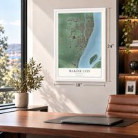 Marine City, Michigan map, 18 x 24 inch print in a white frame in a home office