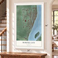 Marine City, Michigan map, 24 x 36 inch print in a white frame by a staircase