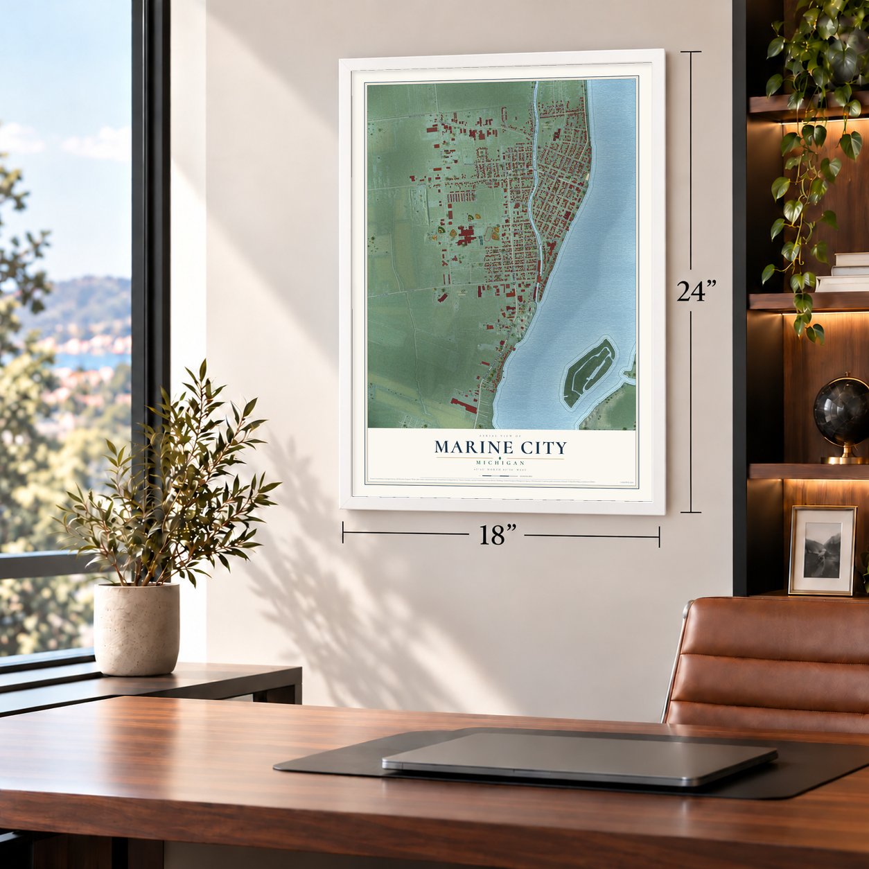 Marine City, Michigan map, 18 x 24 inch print in a white frame in a home office