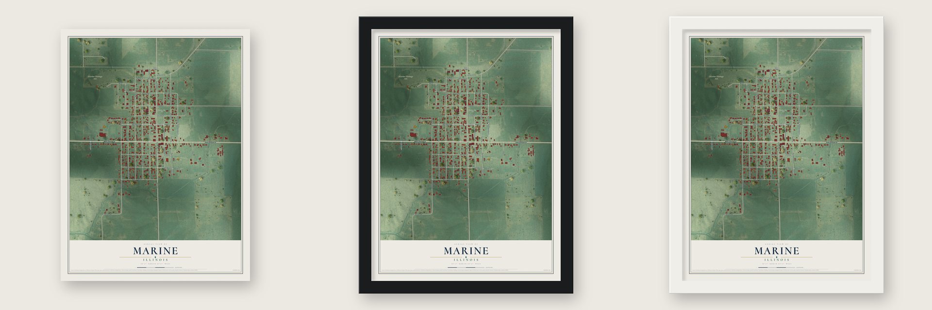 Marine, Illinois map unframed, in a black wood frame and in a white wood frame