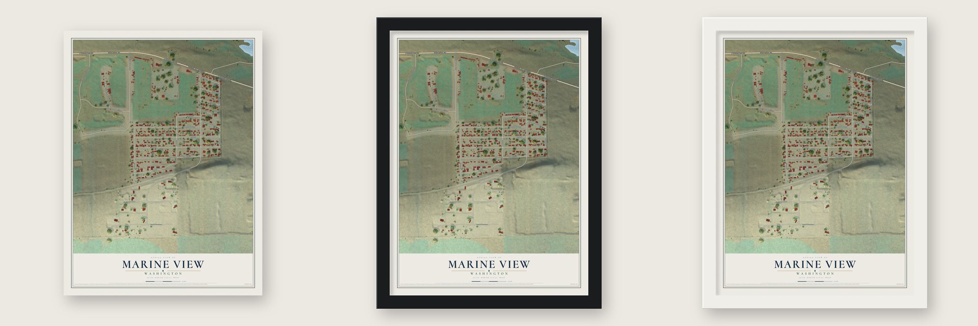 Marine View, Washington map unframed, in a black wood frame and in a white wood frame