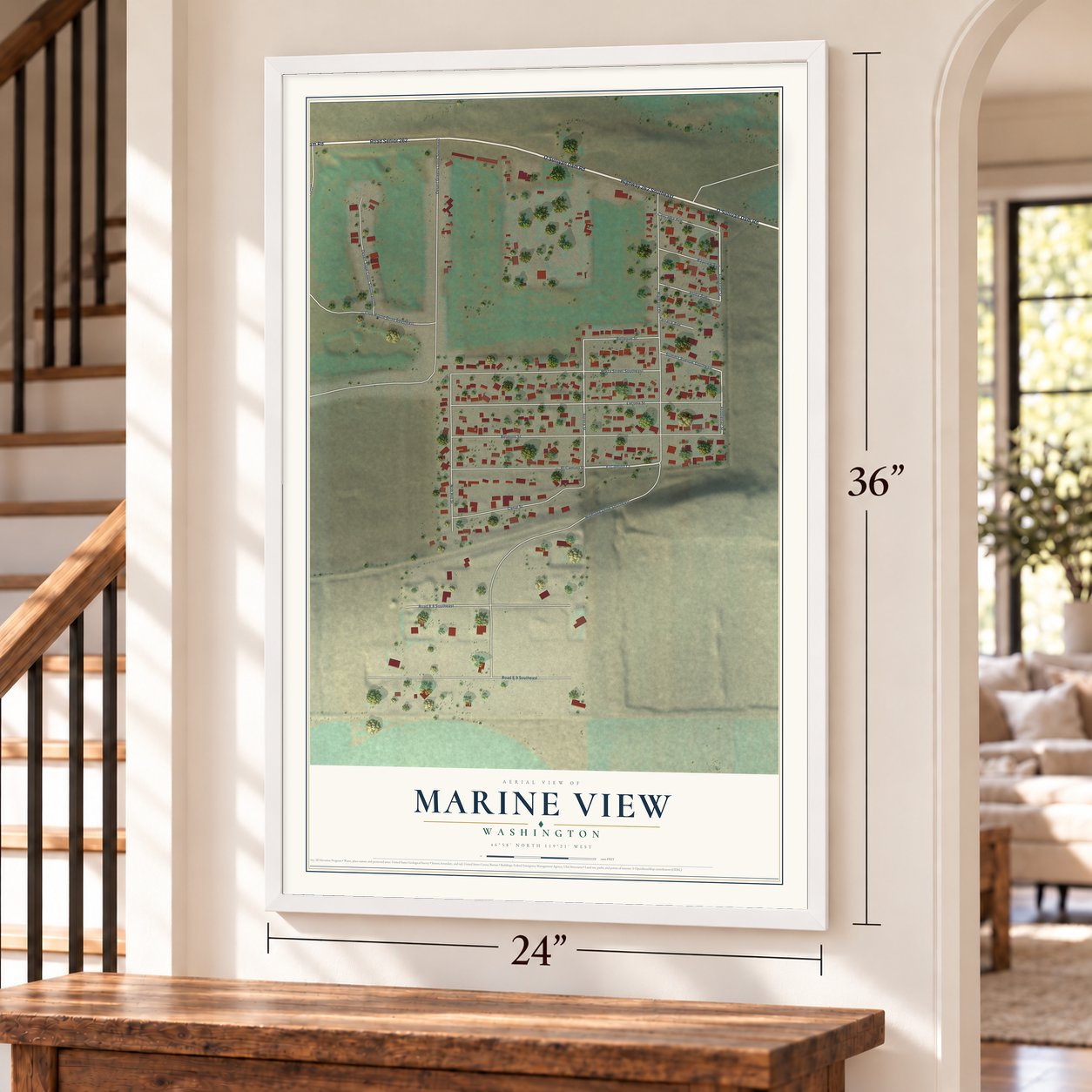 Marine View, Washington map, 24 x 36 inch print in a white frame by a staircase