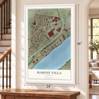 Marine Villa, Missouri map, 24 x 36 inch print in a white frame by a staircase