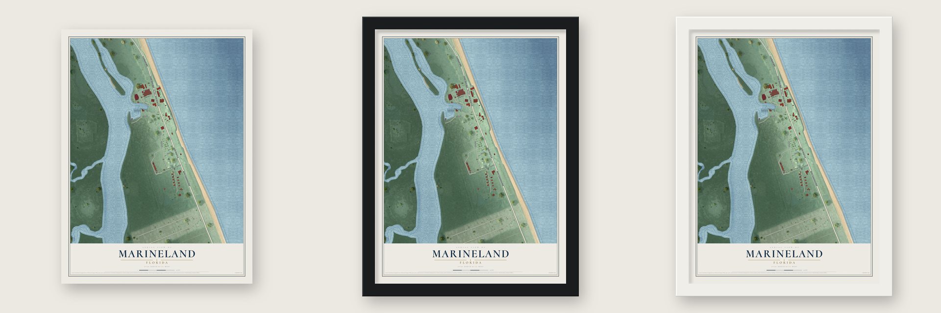 Marineland, Florida map unframed, in a black wood frame and in a white wood frame