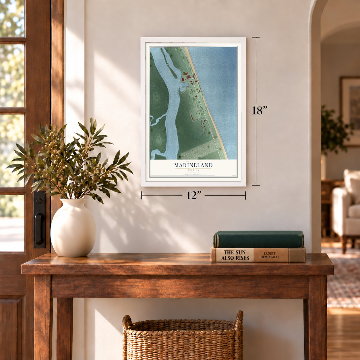 Marineland, Florida map, 12 x 18 inch print in a white frame in an entryway