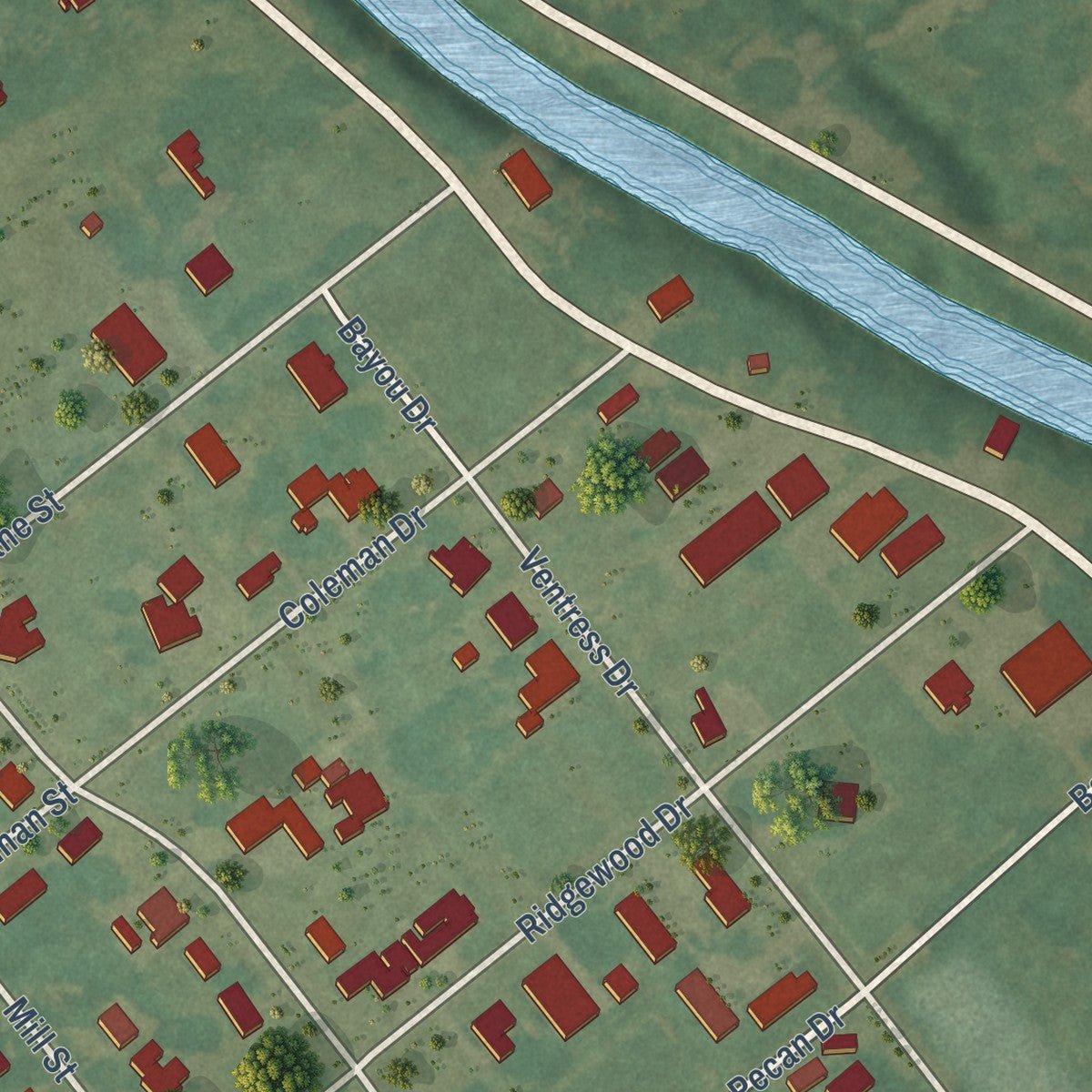 Second close-up of the map of Maringouin, Louisiana print showing more streets and buildings