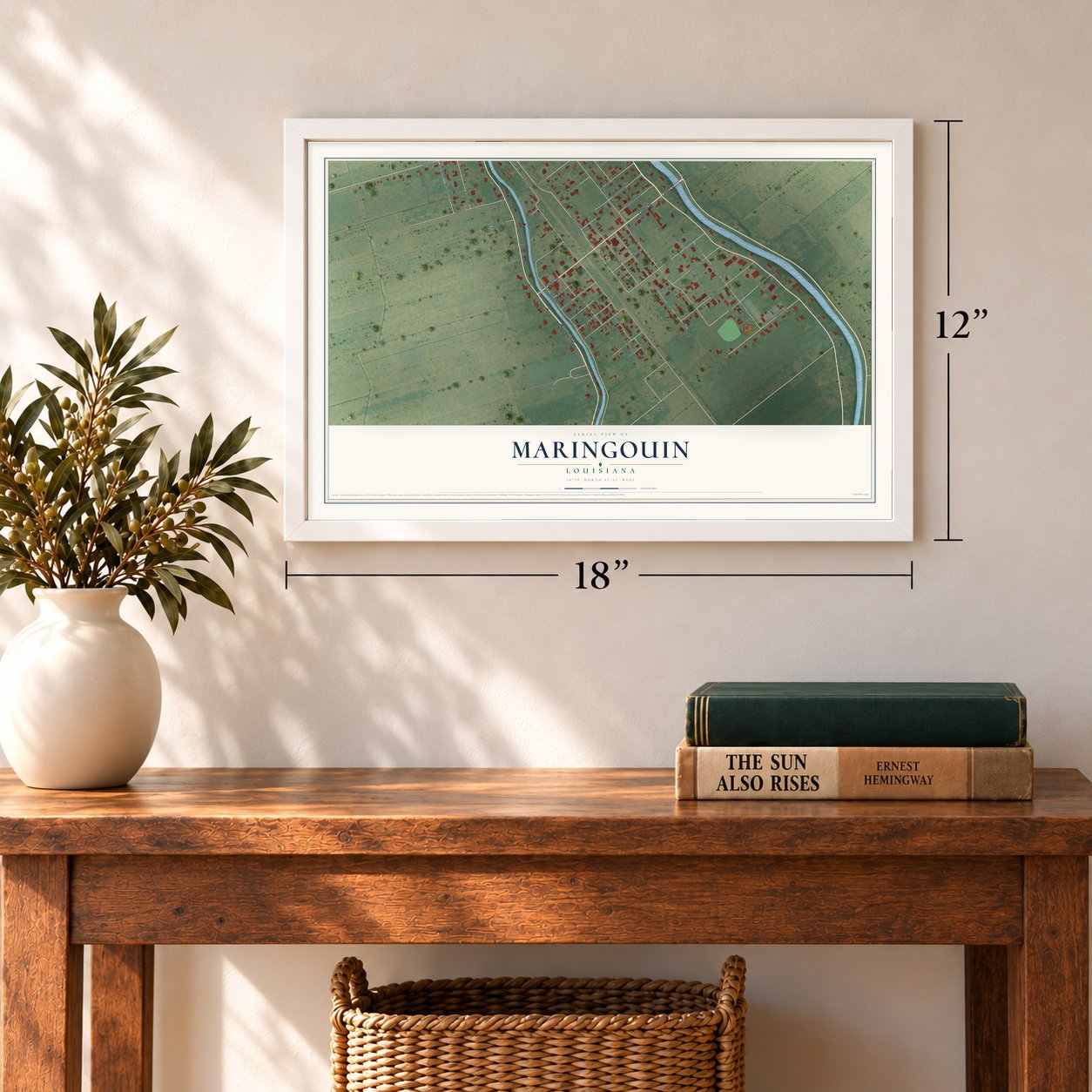 Maringouin, Louisiana map, 12 x 18 inch print in a white frame in an entryway