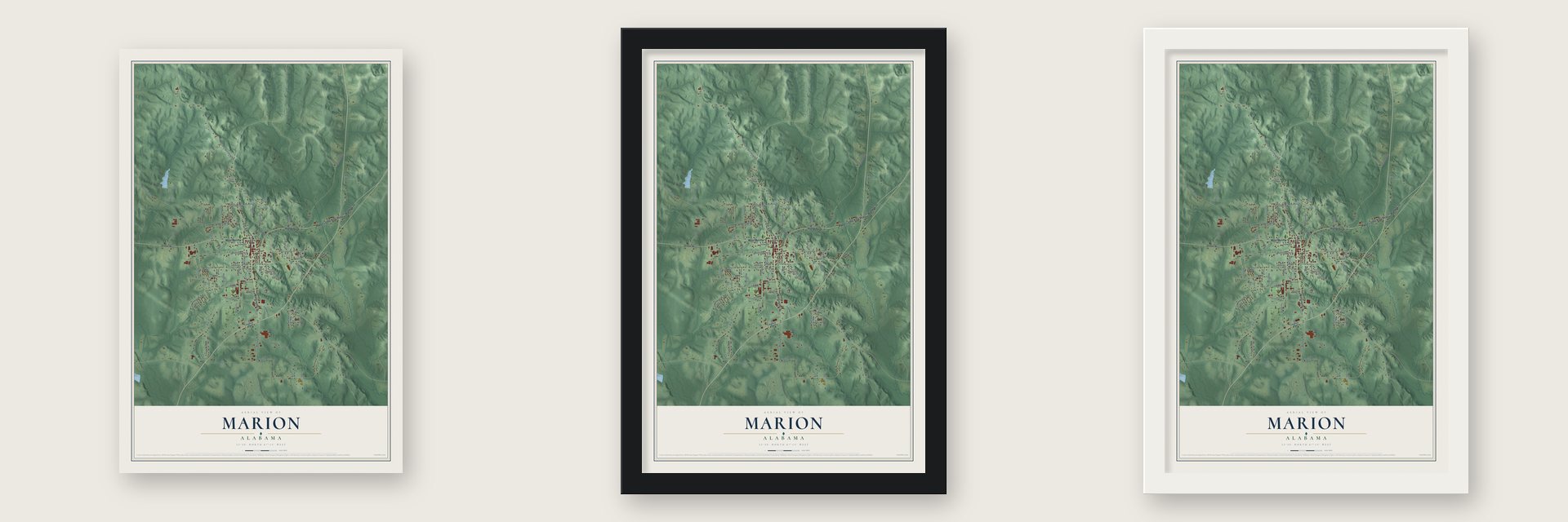 Marion, Alabama map unframed, in a black wood frame and in a white wood frame