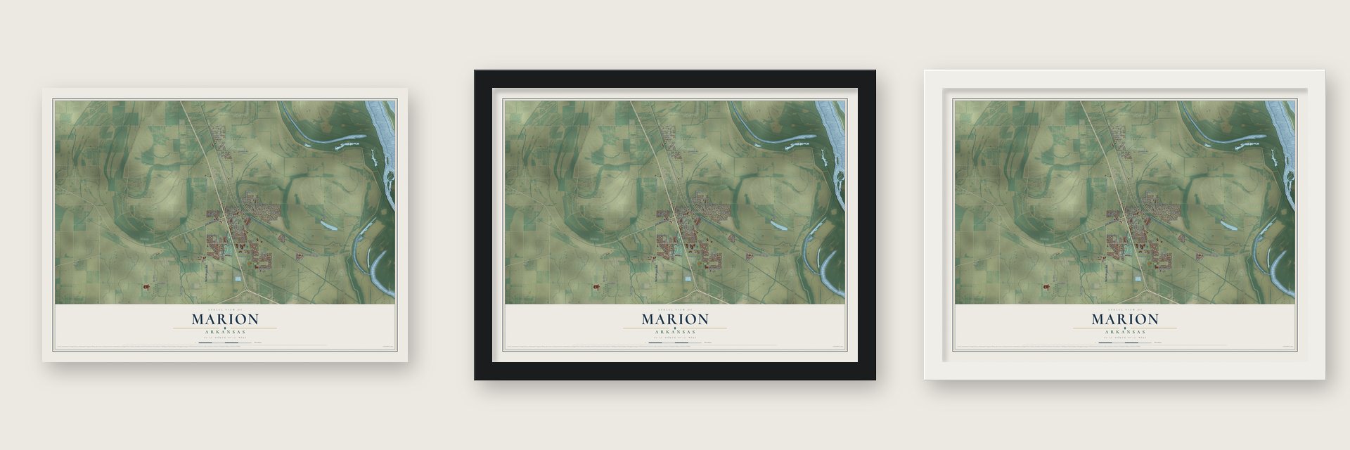 Marion, Arkansas map unframed, in a black wood frame and in a white wood frame
