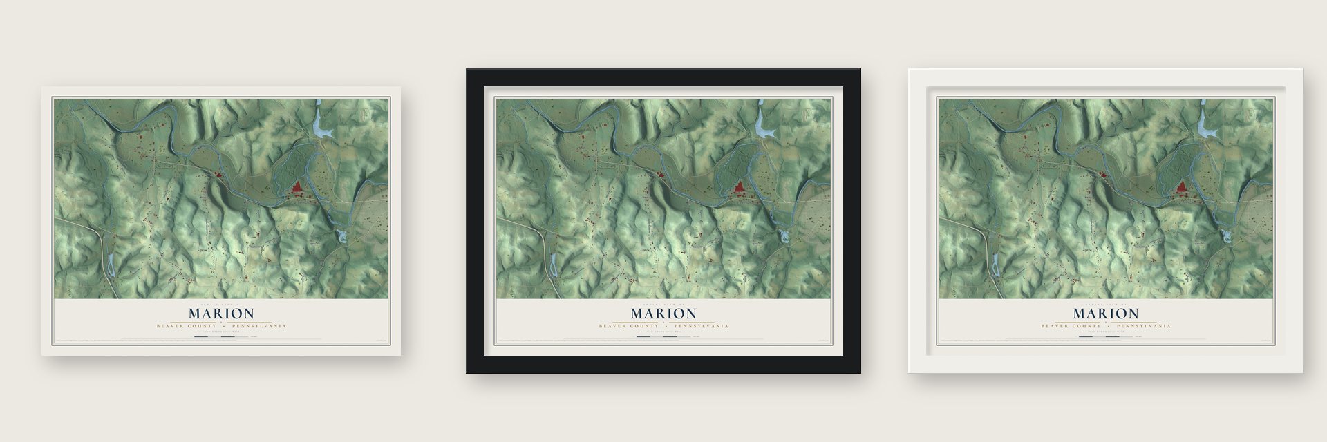 Marion, Beaver County, Pennsylvania map unframed, in a black wood frame and in a white wood frame