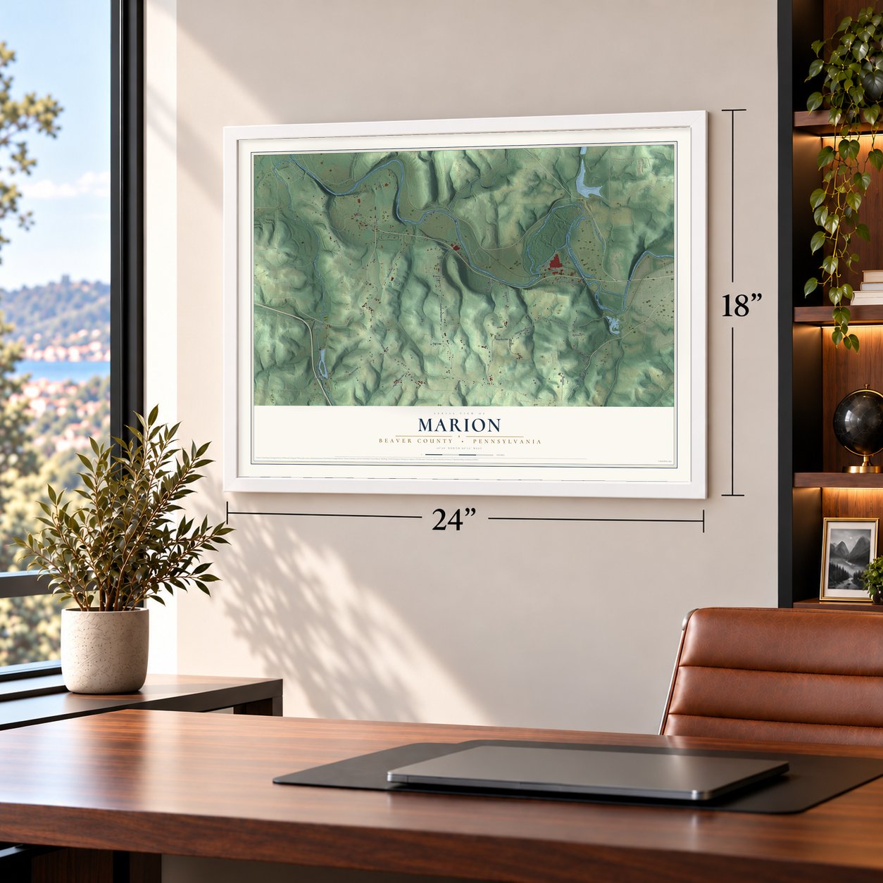 Marion, Beaver County, Pennsylvania map, 18 x 24 inch print in a white frame in a home office