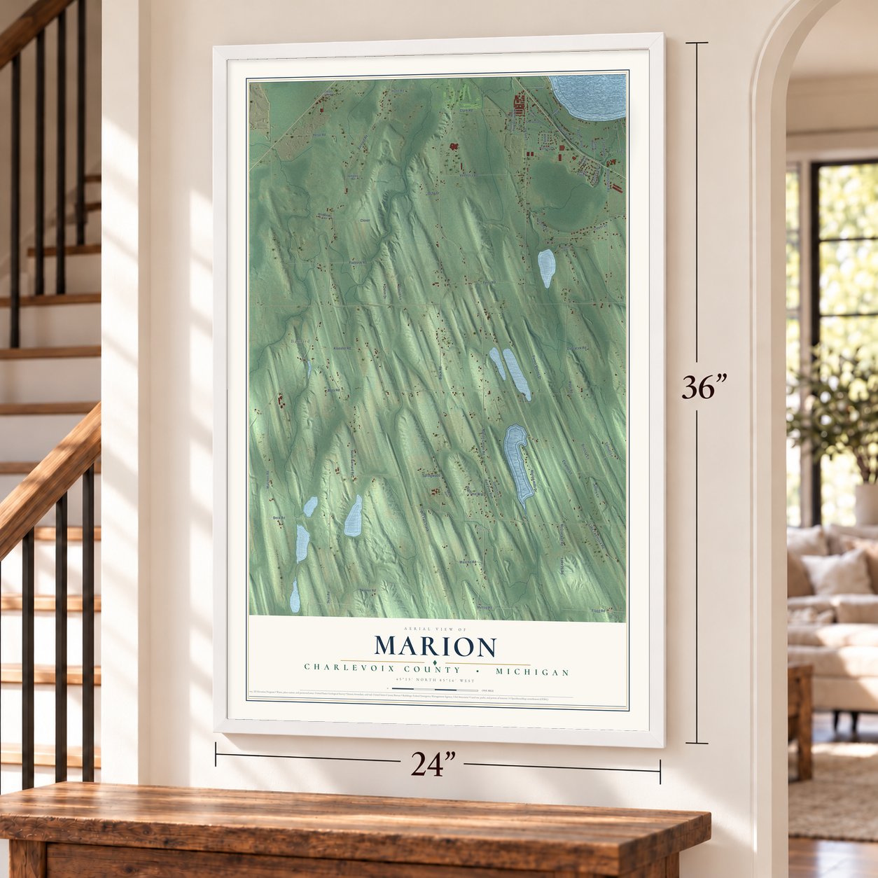 Marion, Charlevoix County, Michigan map, 24 x 36 inch print in a white frame by a staircase