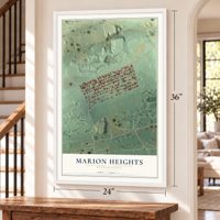 Marion Heights, Pennsylvania map, 24 x 36 inch print in a white frame by a staircase