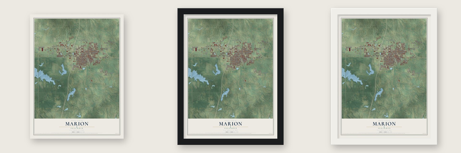 Marion, Illinois map unframed, in a black wood frame and in a white wood frame