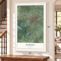 Marion, Illinois map, 24 x 36 inch print in a white frame by a staircase