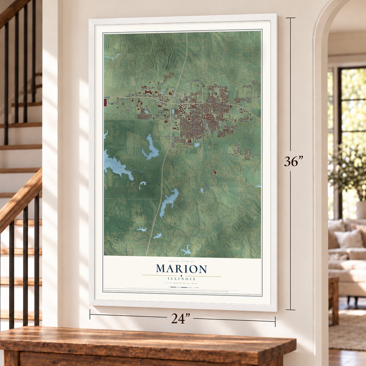 Marion, Illinois map, 24 x 36 inch print in a white frame by a staircase