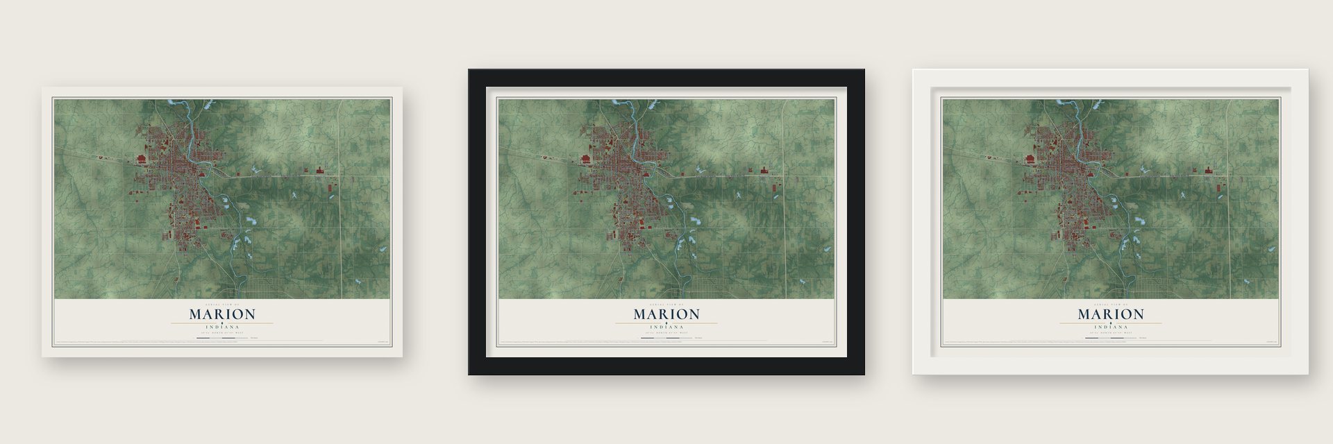 Marion, Indiana map unframed, in a black wood frame and in a white wood frame