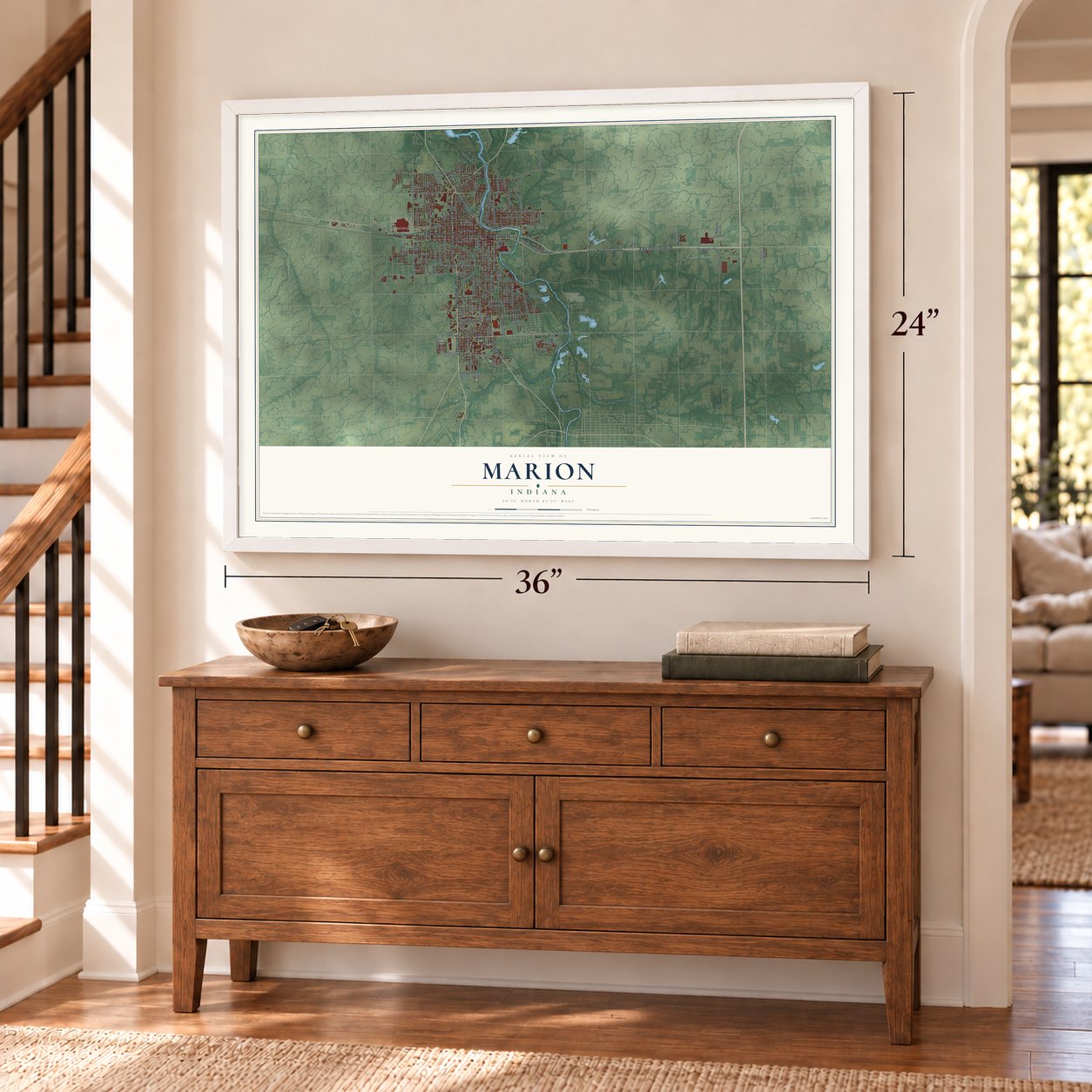 Marion, Indiana map, 24 x 36 inch print in a white frame above a dresser by a staircase