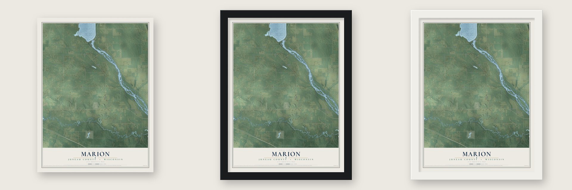 Marion, Juneau County, Wisconsin map unframed, in a black wood frame and in a white wood frame