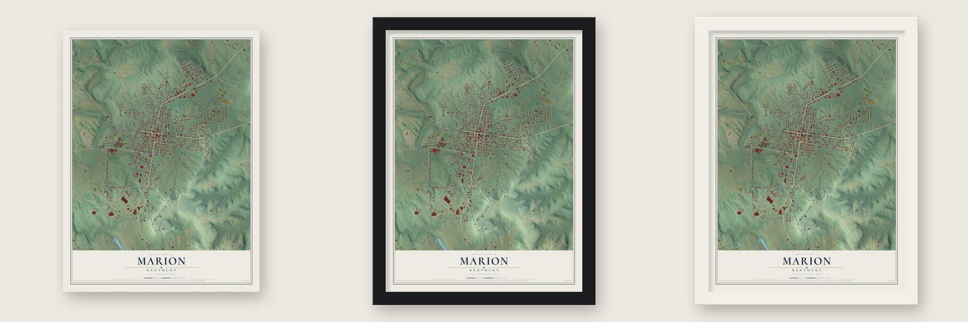 Marion, Kentucky map unframed, in a black wood frame and in a white wood frame