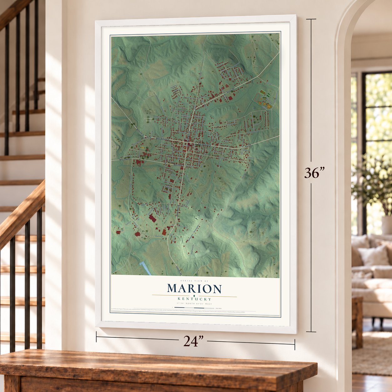 Marion, Kentucky map, 24 x 36 inch print in a white frame by a staircase