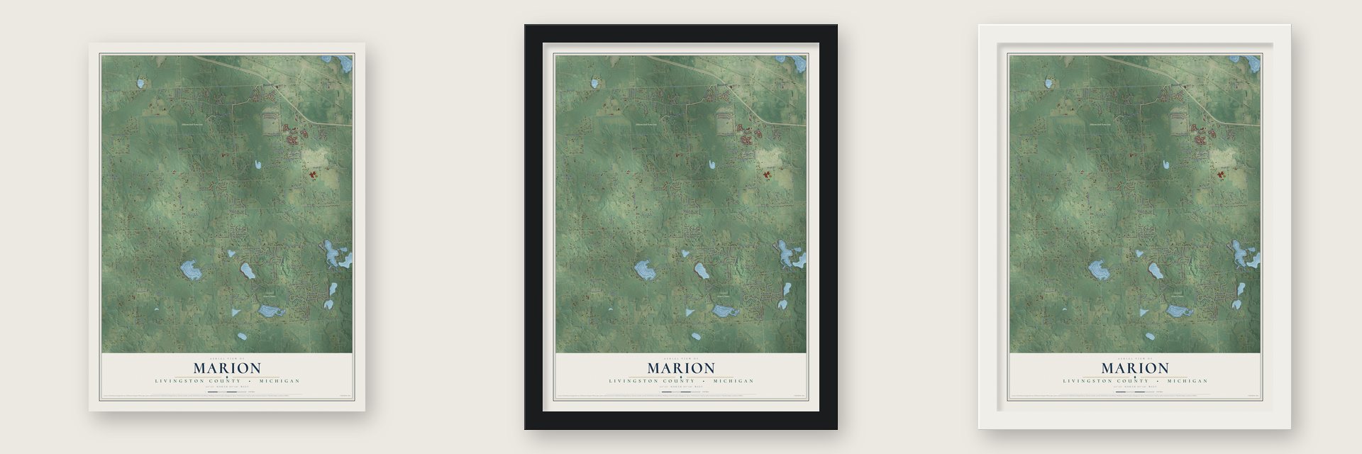 Marion, Livingston County, Michigan map unframed, in a black wood frame and in a white wood frame