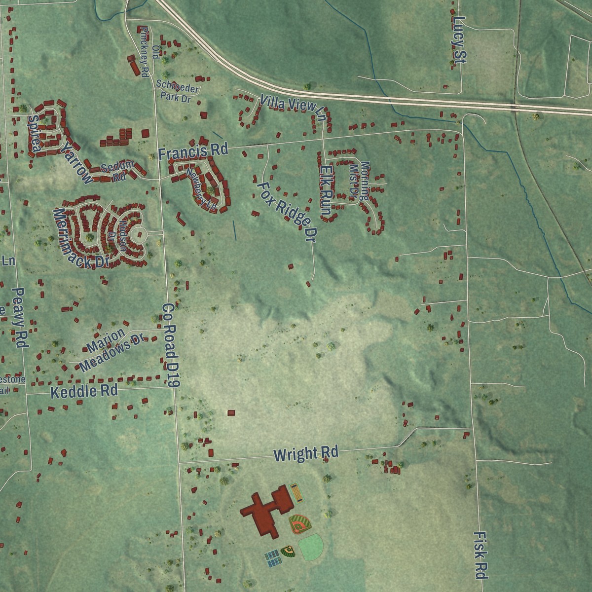 Second close-up of the map of Marion, Livingston County, Michigan print showing more streets and buildings