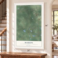 Marion, Livingston County, Michigan map, 24 x 36 inch print in a white frame by a staircase