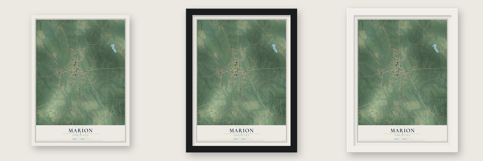 Marion, Louisiana map unframed, in a black wood frame and in a white wood frame