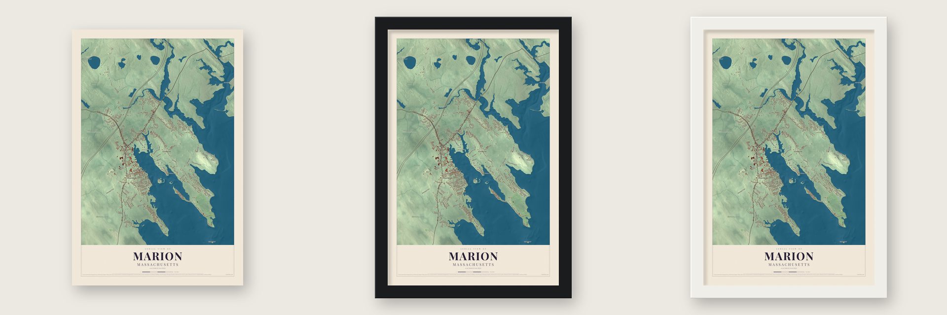 Marion, Massachusetts map unframed, in a black wood frame and in a white wood frame