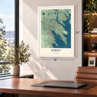 Marion, Massachusetts map, 18 x 24 inch print in a white frame in a home office