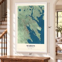 Marion, Massachusetts map, 24 x 36 inch print in a white frame by a staircase