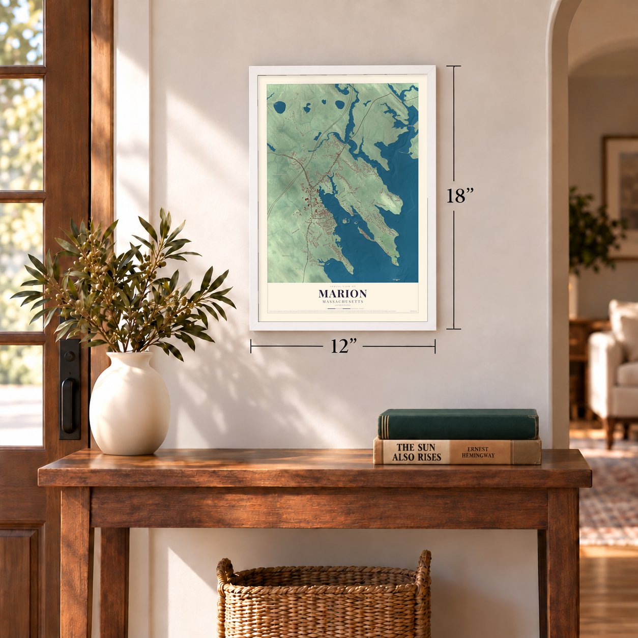 Marion, Massachusetts map, 12 x 18 inch print in a white frame in an entryway