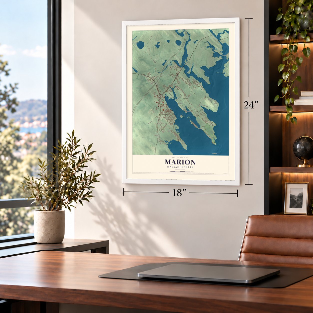 Marion, Massachusetts map, 18 x 24 inch print in a white frame in a home office