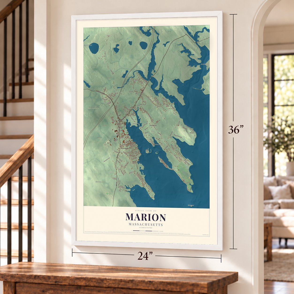 Marion, Massachusetts map, 24 x 36 inch print in a white frame by a staircase