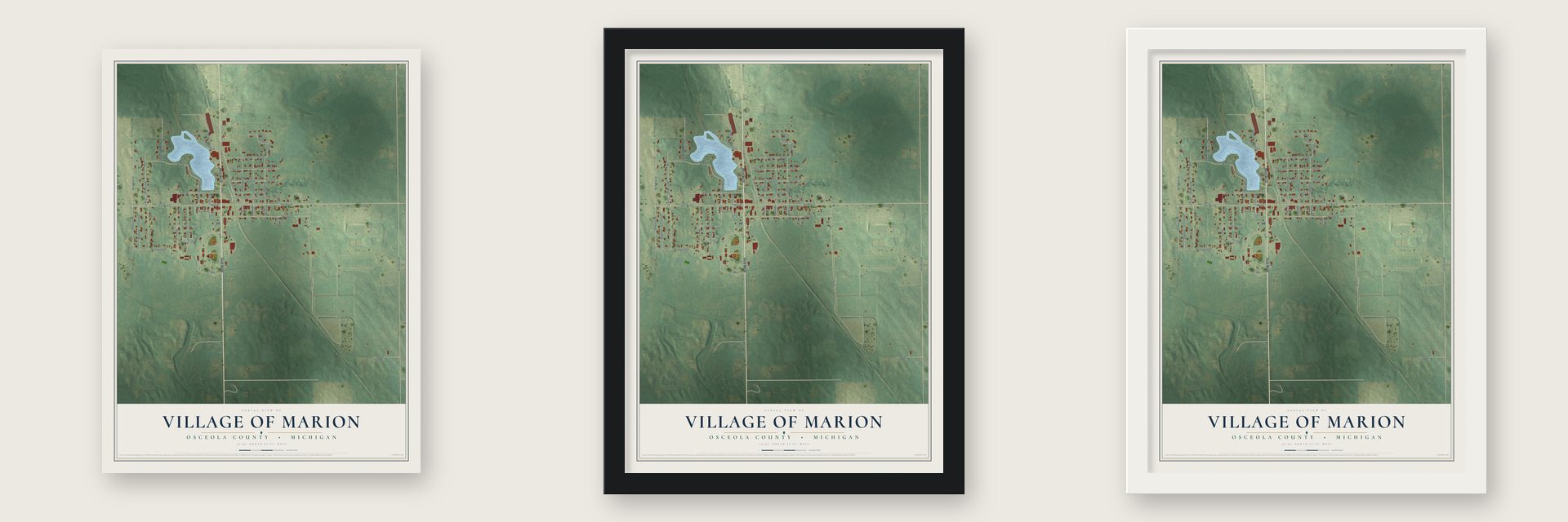 Marion, Michigan map unframed, in a black wood frame and in a white wood frame